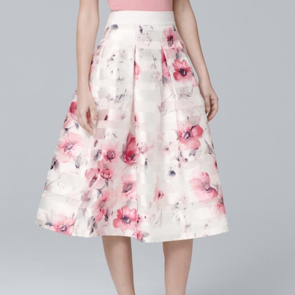 White House Black Market  Satin Shadow Stripe Floral Full Midi Skirt